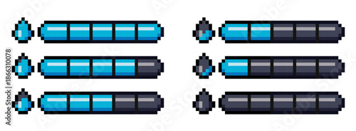Pixel art style retro game life bar with water  drop indicator isolated on transparent background. Collection of 8-bit retro health UI for video game assets. Vector illustration.