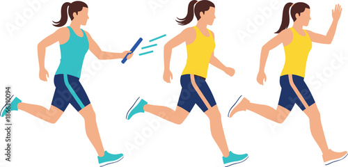 Women relay race running illustration showing baton handoff, teamwork and athletic competition, female runners sports concept isolated on white