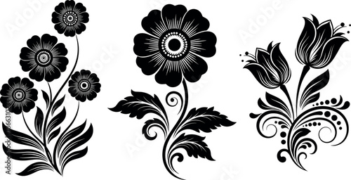 Decorative floral silhouettes vector set featuring elegant flowers, leaves, ornamental botanical designs for vintage art, tattoo, fabric, and decoration use