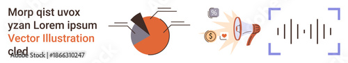 Data analytics, marketing strategies, communication tools, digital technology, finance growth, and sound design. Pie chart, megaphone money and sound waves. Data analytics and marketing strategies