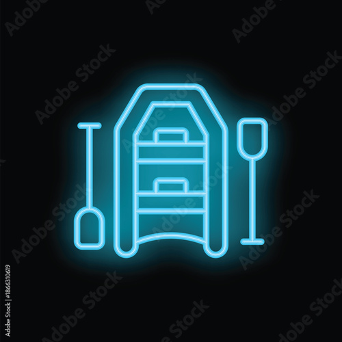 Blue neon sign of an inflatable boat with oars glowing on a black background
