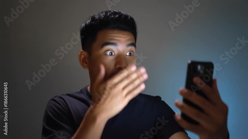 Wallpaper Mural Shocked Young Man Reacts to Surprising News on Smartphone in Dark Room. Torontodigital.ca