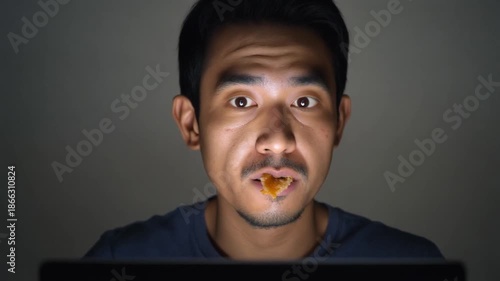 Wallpaper Mural Young man watching a movie on laptop at night, surprised and eating snack. Torontodigital.ca