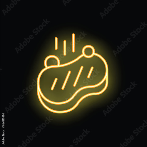 Yellow neon sign depicting a hot grilled steak with grill marks, emitting steam on a black background