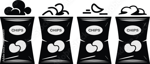 Vector Illustration of Four Black and White Icons Featuring Bags of Chips and Different Crispy Snack Food Varieties
