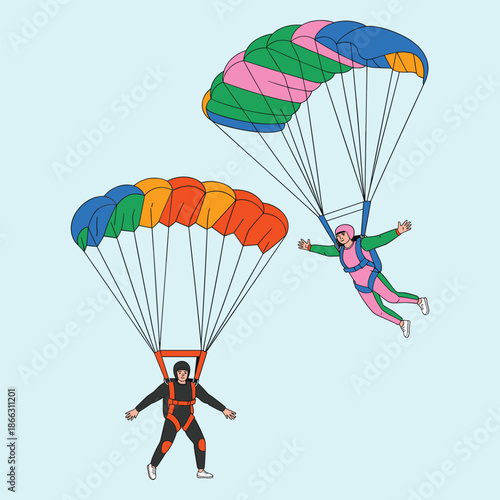 Vector Illustration of Two Skydivers with Colorful Open Parachutes Gliding Through the Sky for Extreme Sports Concept Design