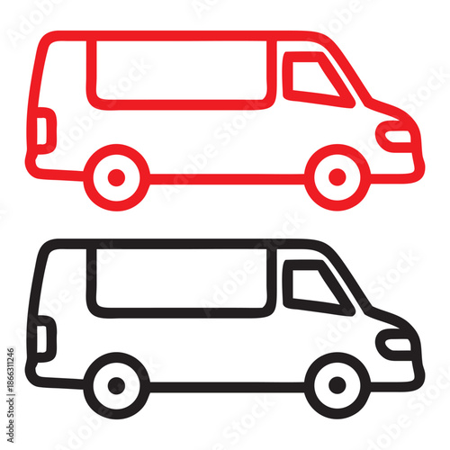 Delivery Van and Logistics Truck Icon Set with Red and Black Outlines