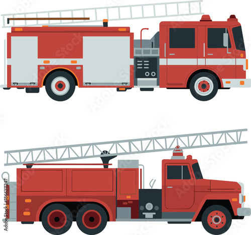 Vector Illustration Set of Modern and Classic Red Fire Trucks with Ladders for Emergency Rescue and Safety Concept