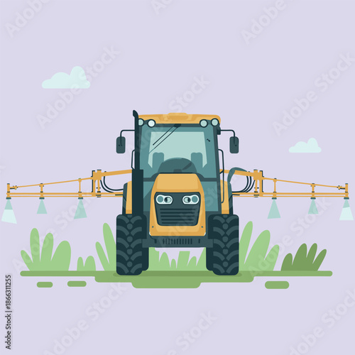 Vector Illustration of a Modern Yellow Self-Propelled Crop Sprayer Tractor for Industrial Agriculture and Field Maintenance Concept