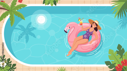 Woman On Flamingo Pool Float Enjoying Sunny Day.