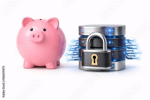 Financial Security Concept with Piggy Bank and Secure Digital Lock