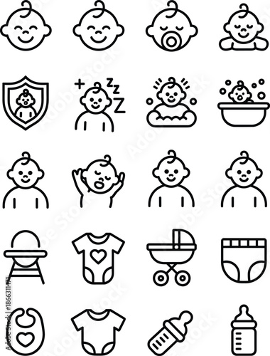 Vector Illustration of Twenty Black and White Icons Featuring Baby Faces and Essential Infant Care and Nursery Items