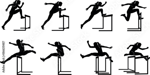 Female athlete hurdling sequence silhouette set showing running jumping and track hurdle action poses isolated black vector illustration