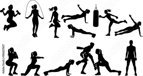 Female fitness workout silhouette collection showing cardio strength training boxing and stretching exercises isolated black vector illustration set