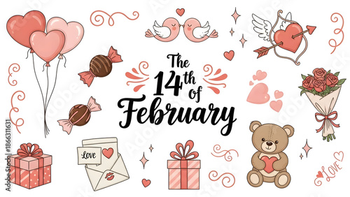Valentine day set - cute cupid, rabbit, bear, hedgehog, wreath and hearts.  Perfect for scrapbooking, greeting card, party invitation, poster, tag, sticker kit. Vector illustration.