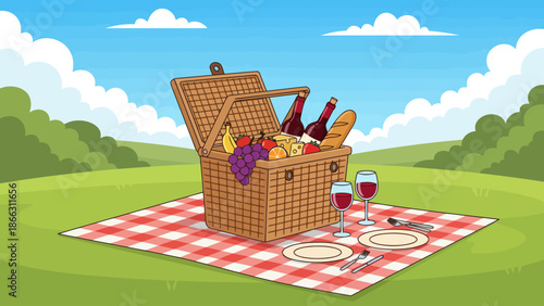 Picnic basket with wine and fruits outdoors.