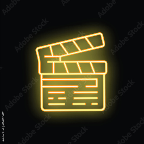 Yellow neon sign representing a clapperboard used in filmmaking, evoking the concept of movie production