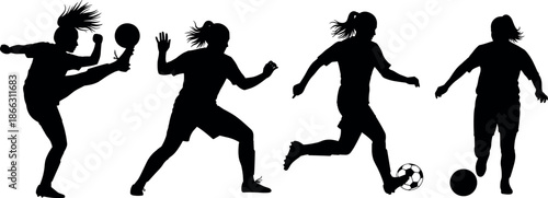 Female football player action silhouette set showing kicking running dribbling poses isolated black vector illustration for sports design