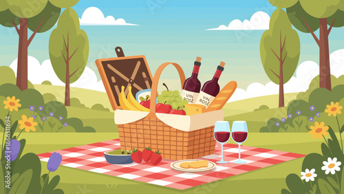Picnic Basket With Food And Wine On Outdoor Blanket.