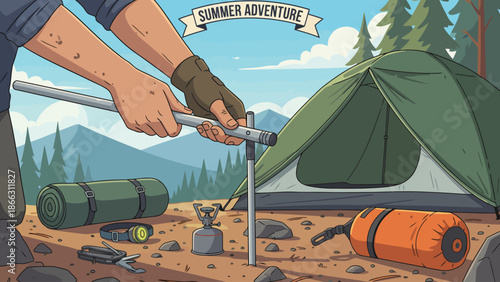 Hands Setting Up Tent Stake In Camping Scene.