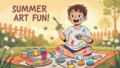 Young child painter creating colorful art outdoors.