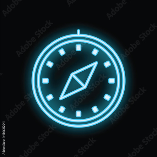 Neon blue compass icon glowing against a black background