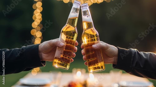 Closeup of two friends clinking beer bottles at an outdoor evening celebration with warm bokeh lights in the background