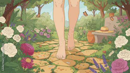 Barefoot Woman Walking Along Garden Stone Path.