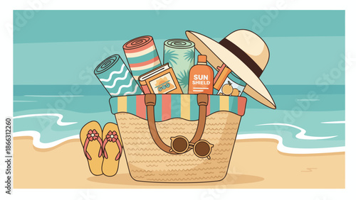 Summer Beach Bag with Essentials on Sand.