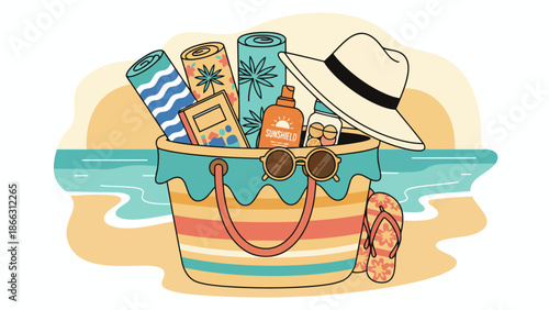 Beach bag with towels hat sunscreen and accessories.