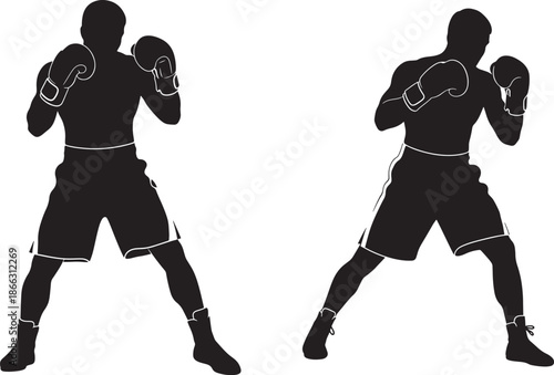 Two boxers in fighting stance with gloves in silhouette
