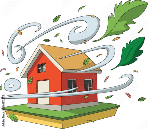 Vector Illustration of a Red House in Strong Windy Weather with Flying Leaves for Severe Storm Concept Design