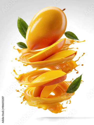 golden mango cube slices, suspended in a dynamic spiral of yellow juice splashes