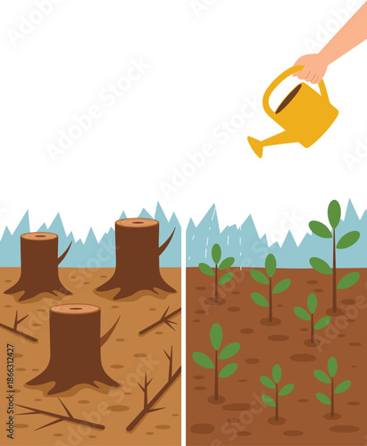 Vector Illustration of Forest Destruction with Tree Stumps and Reforestation Process with Hand Watering Young Green Saplings