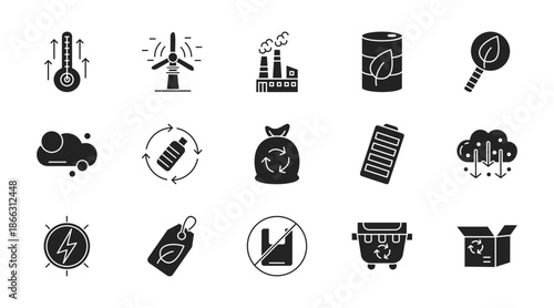 Green energy thin line icon set. Containing high temp, windmill, factory, bio fuel, green search