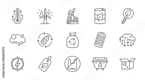 Green energy thin line icon set. Containing high temp, windmill, factory, bio fuel, green search