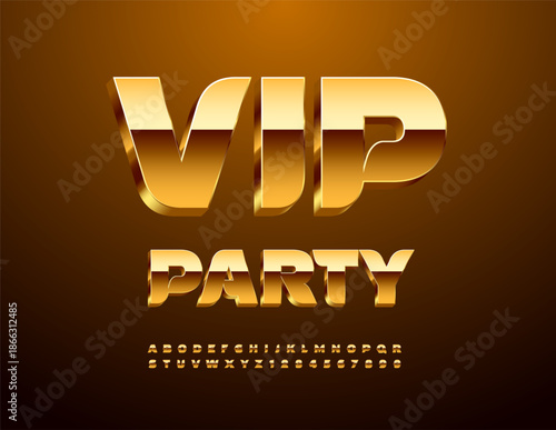 Vector Golden emblem Vip Party. Modern Premium 3D Font. Luxury set of Chic Alphabet Letters and Numbers.