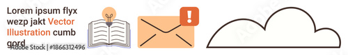 Knowledge sharing, digital communication, online learning, creative ideas, information exchange, cloud technology. Open book, email icon with alert cloud lightbulb. Knowledge sharing and digital