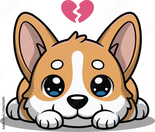 Vector Illustration of a Cute Sad Corgi Puppy Character with a Broken Heart Symbol for Emotional Concept Design