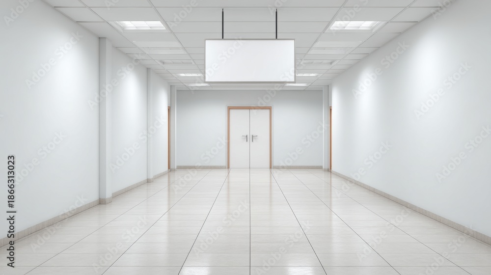 Obraz premium Bright and Spacious Office Hallway with White Walls and Blank Hanging Sign Above Double Doors