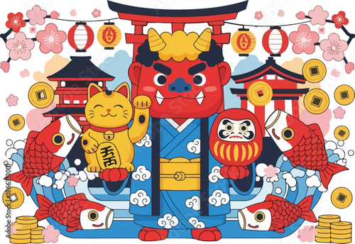 Japanese Setsubun Festival Illustration with Oni Character Lucky Symbols and Traditional Decorations
