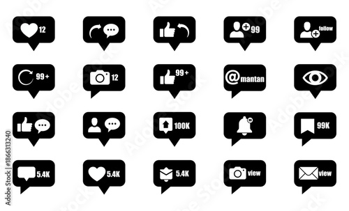 Collection of social media notification symbols showing like, comment, share, message, follower, mention, alert, camera, video, chat, and user activity indicators for apps and platforms.