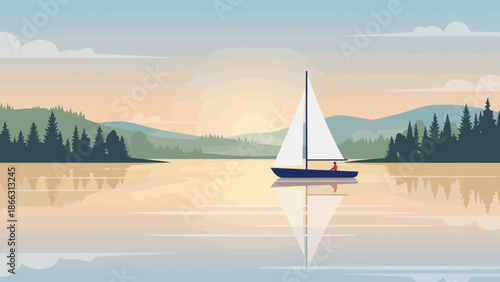 Sailboat on Calm Water at Sunset with Reflection.
