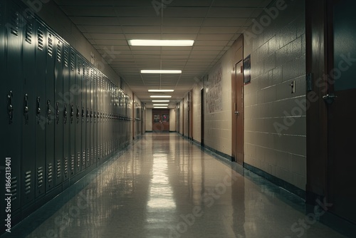 A long, empty school hallway with lockers, doors, and overhead fluorescent lights