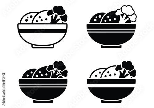 Set of four icons showing bowls of food with broccoli