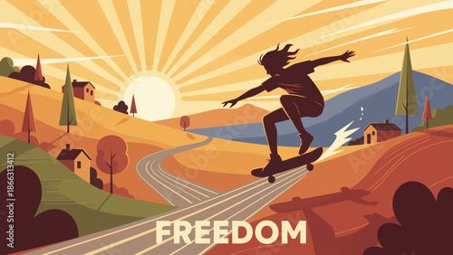 Skateboarder Performing Aerial Trick At Sunset For Freedom.