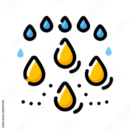 Yellow and blue water drops falling in a circle