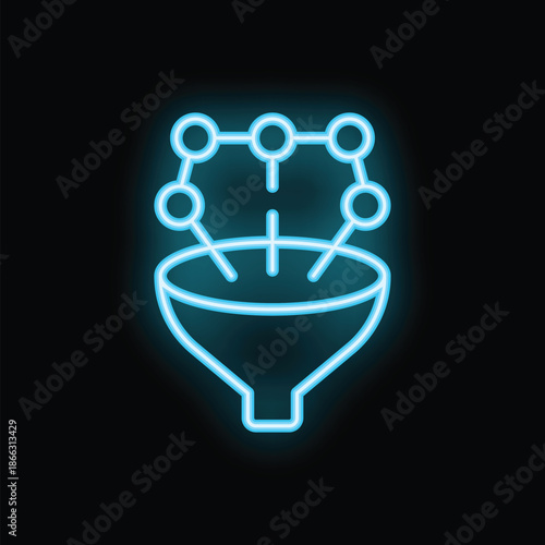 Glowing blue neon icon of a sales funnel converting connections into customers