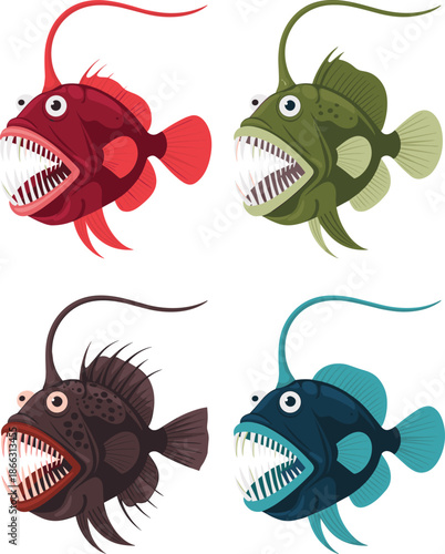 Vector Illustration Set of Colorful Deep Sea Anglerfish with Sharp Teeth and Bio-Luminescent Lures for Marine Concept Design