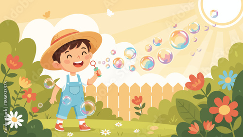 Young Farmer Child in Sunny Garden Playing.